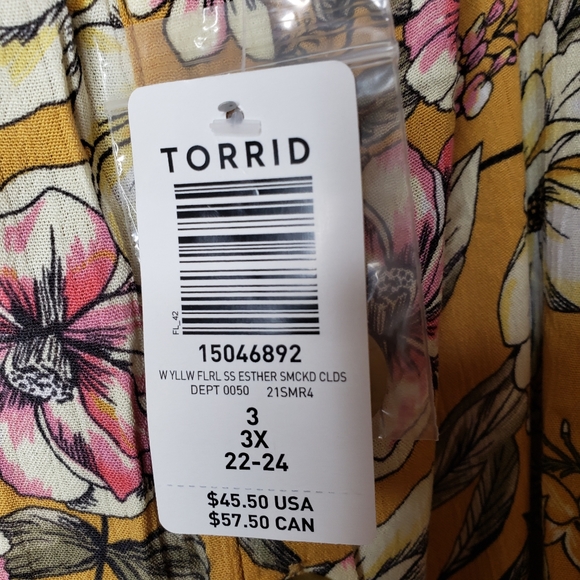 Torrid Cold Shoulder Top Floral Yellow Gauze Woven Smocked Plus 3X 22/24 NWT - Picture 12 of 14